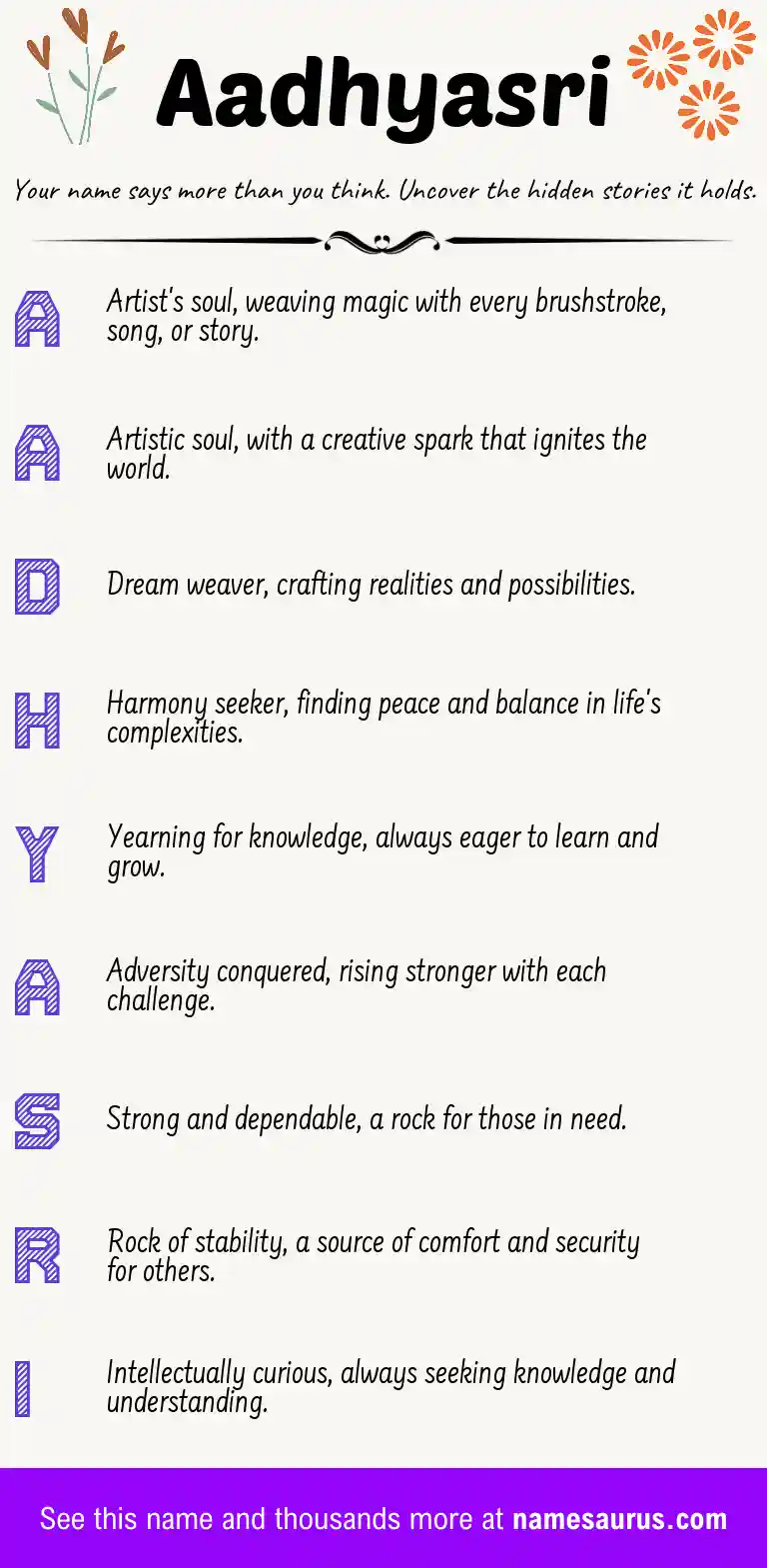 Acrostic poem about Aadhyasri.