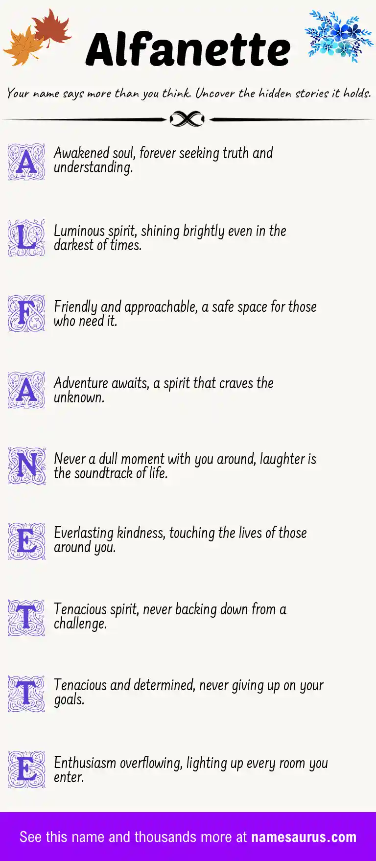 Acrostic poem about Alfanette.