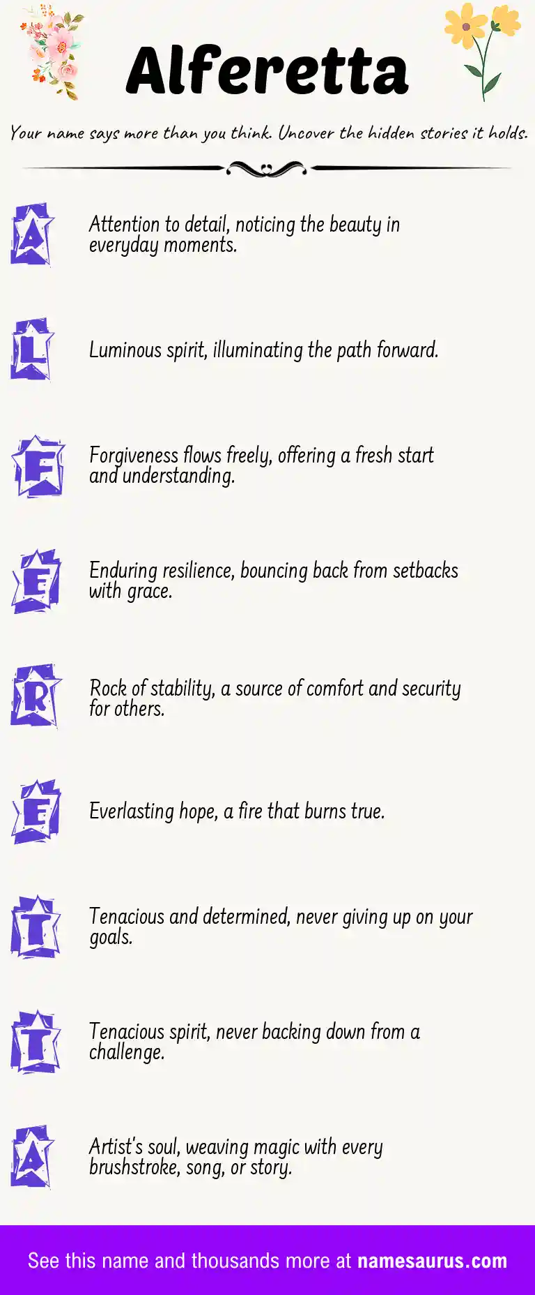 Acrostic poem about Alferetta.