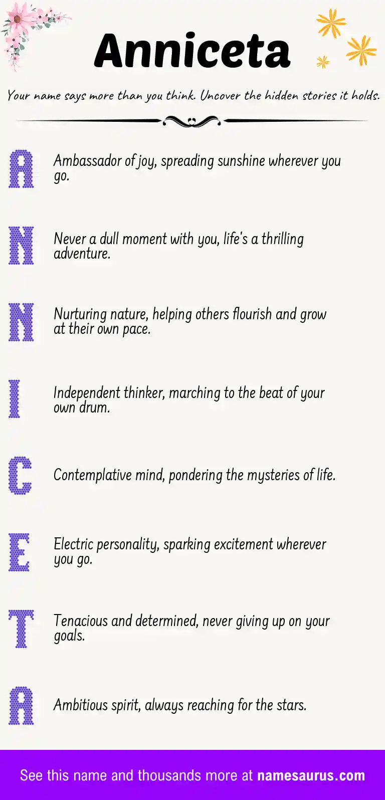 Acrostic poem about Anniceta.