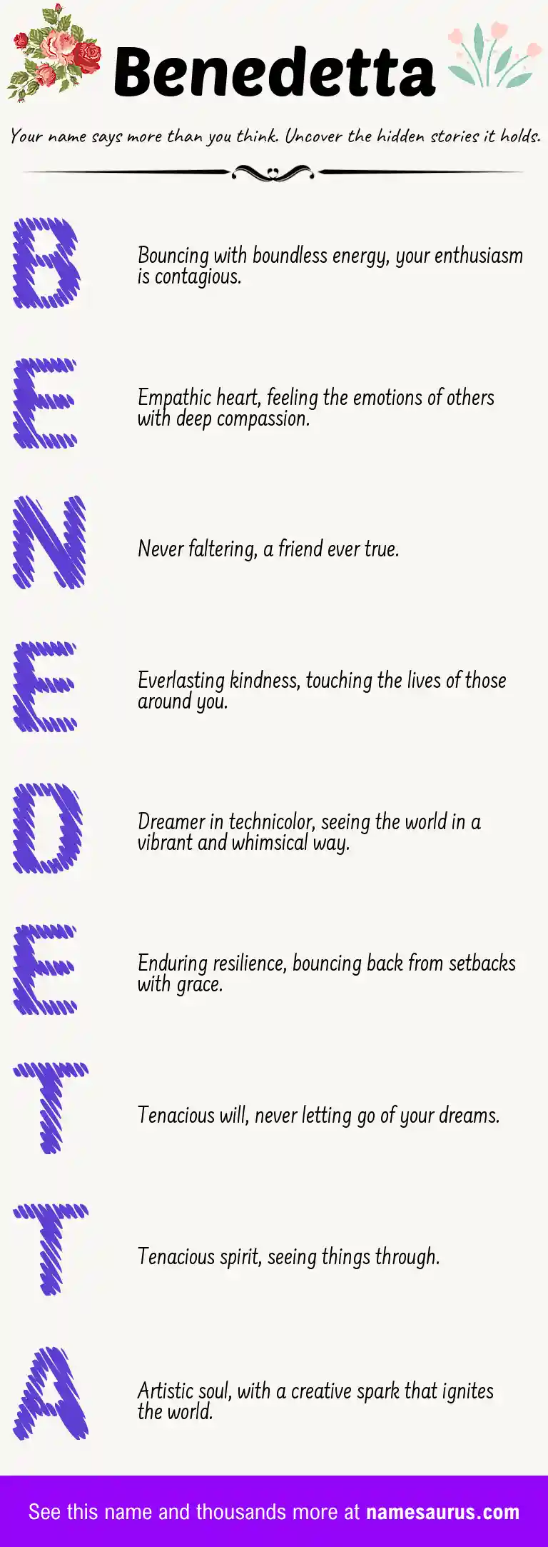 Acrostic poem about Benedetta.