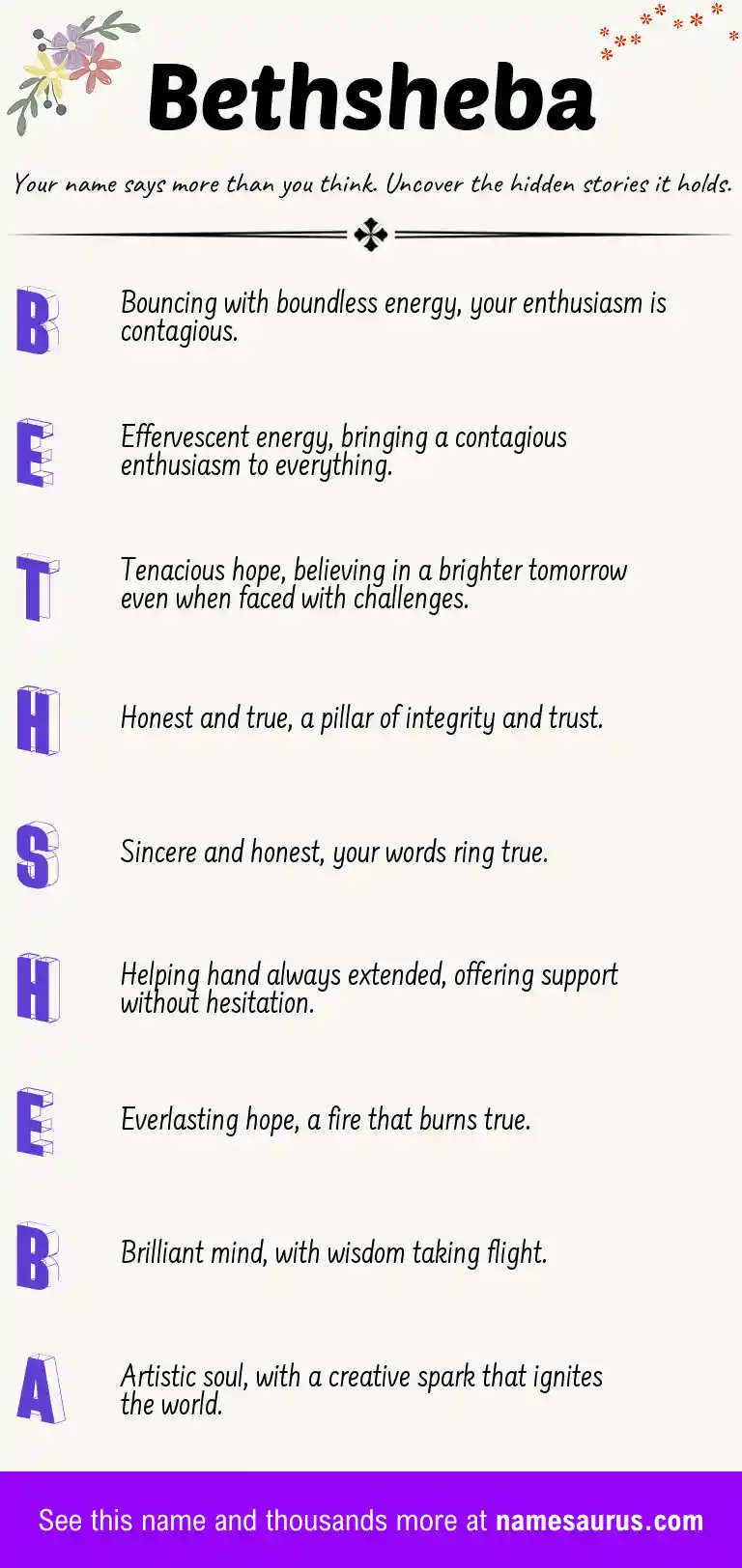 Acrostic poem about Bethsheba.