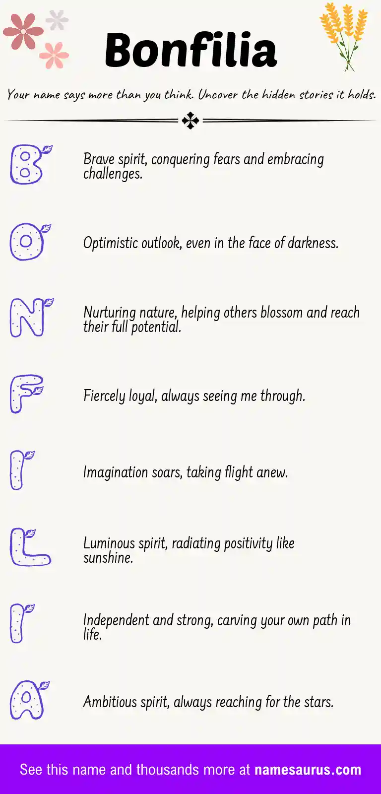 Acrostic poem about Bonfilia.