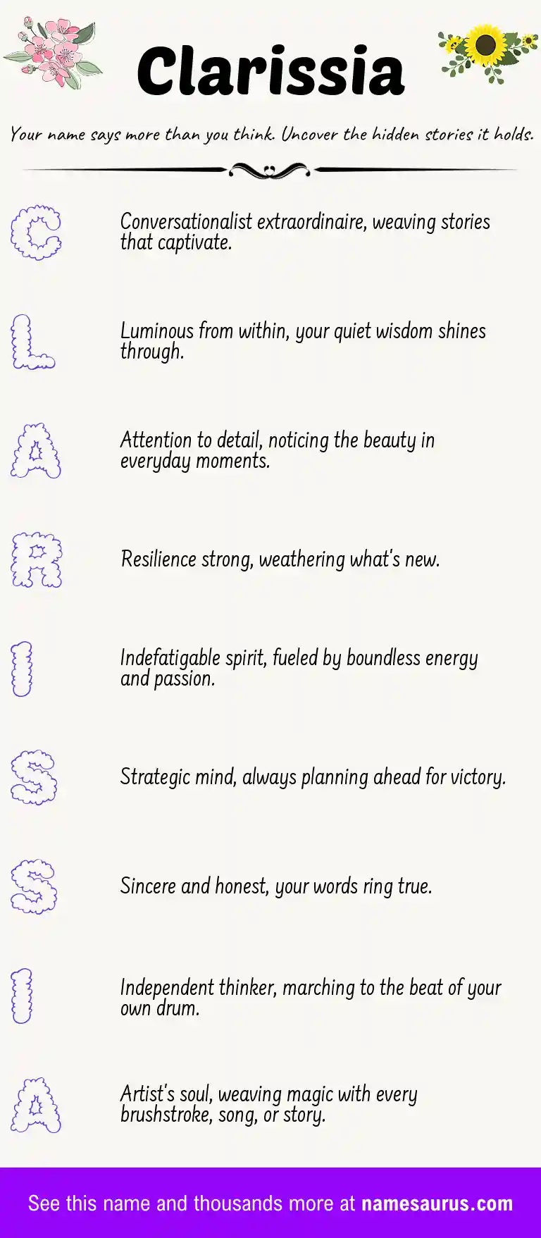 Acrostic poem about Clarissia.