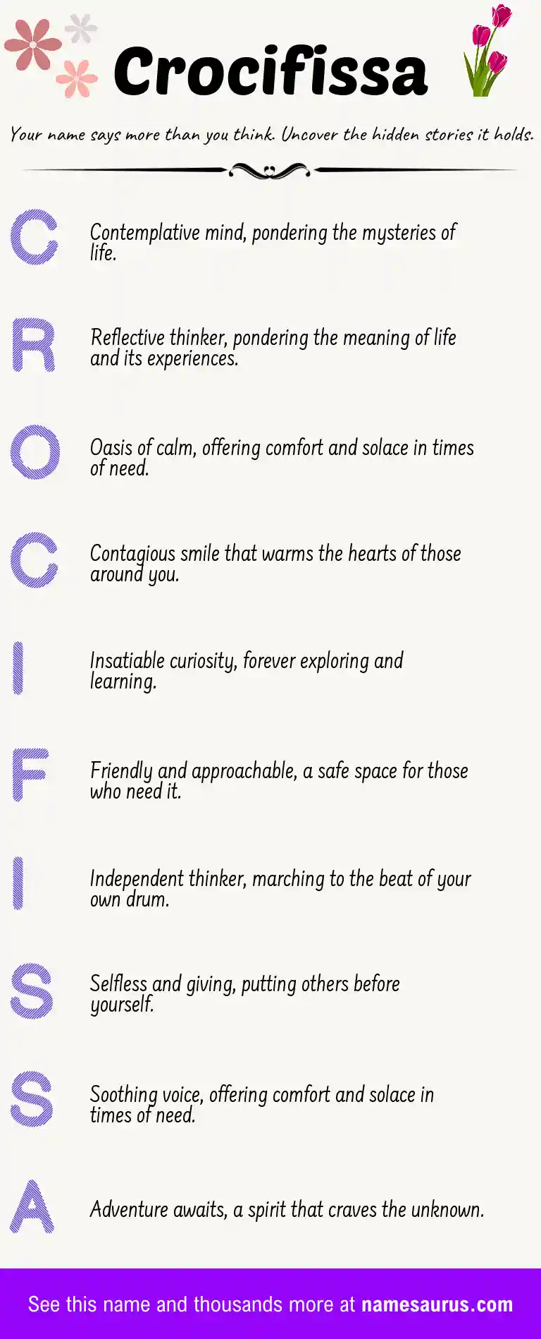 Acrostic poem about Crocifissa.