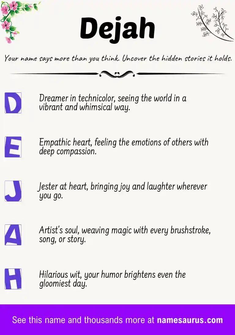 Acrostic poem about Dejah.
