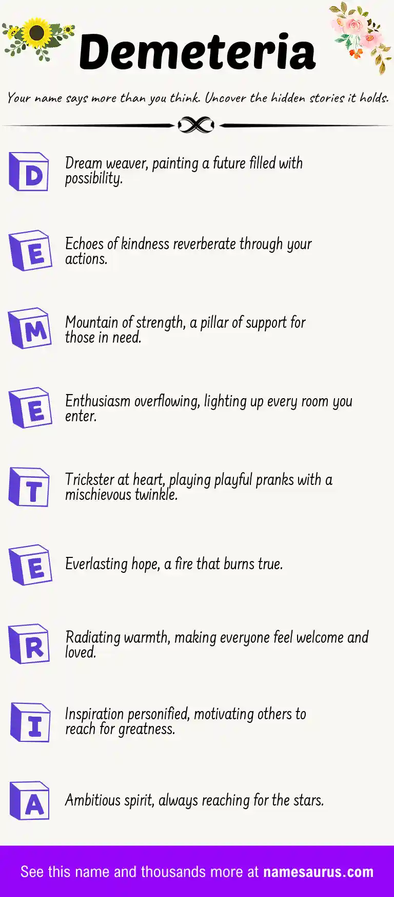Acrostic poem about Demeteria.