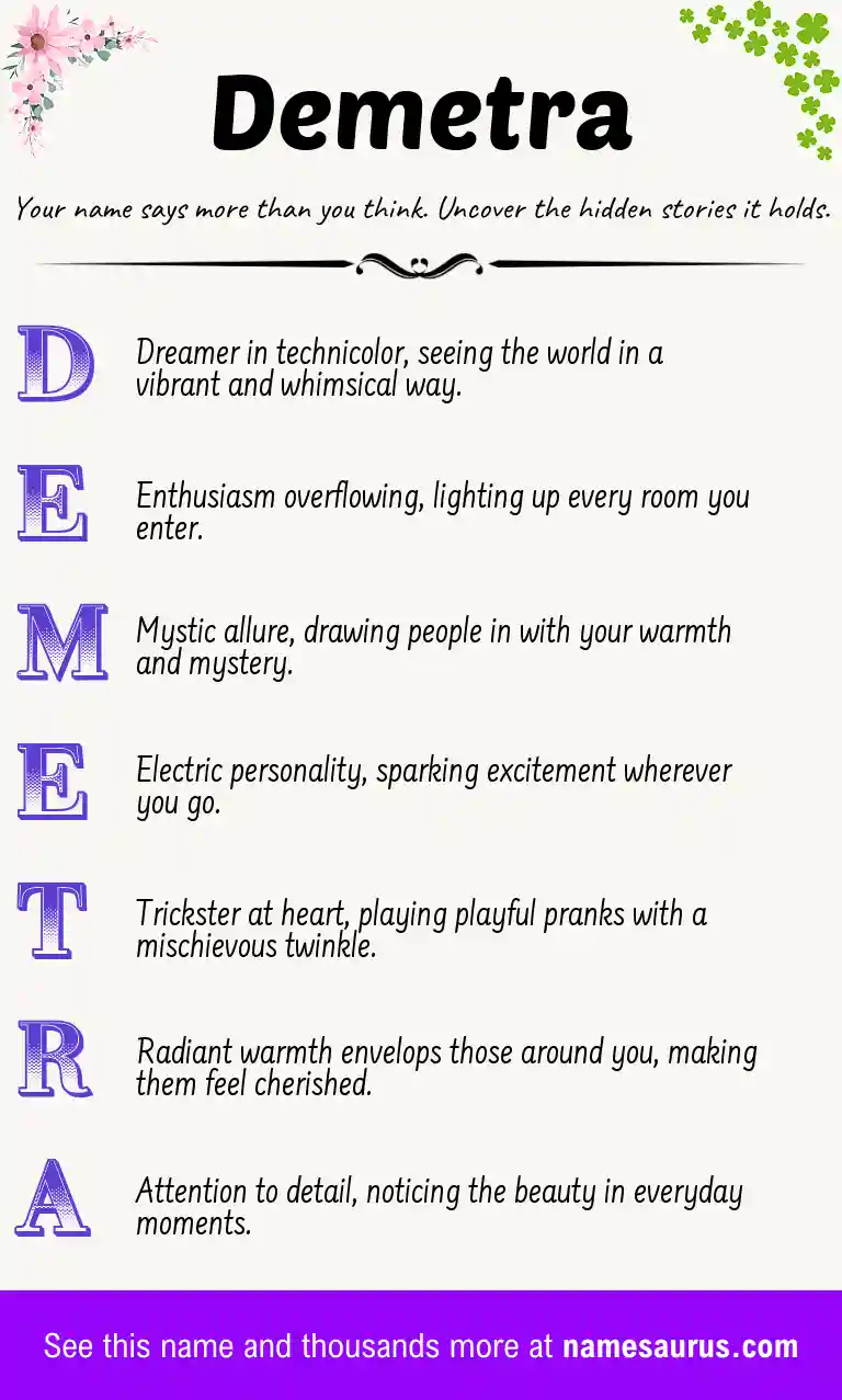 Acrostic poem about Demetra.