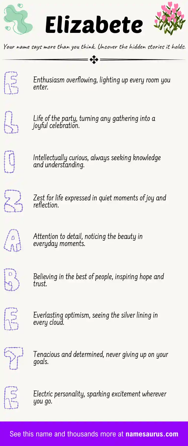 Acrostic poem about Elizabete.