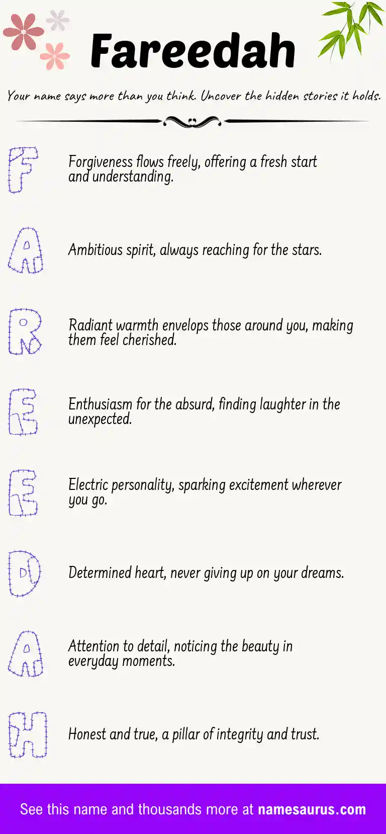 Acrostic poem about Fareedah.
