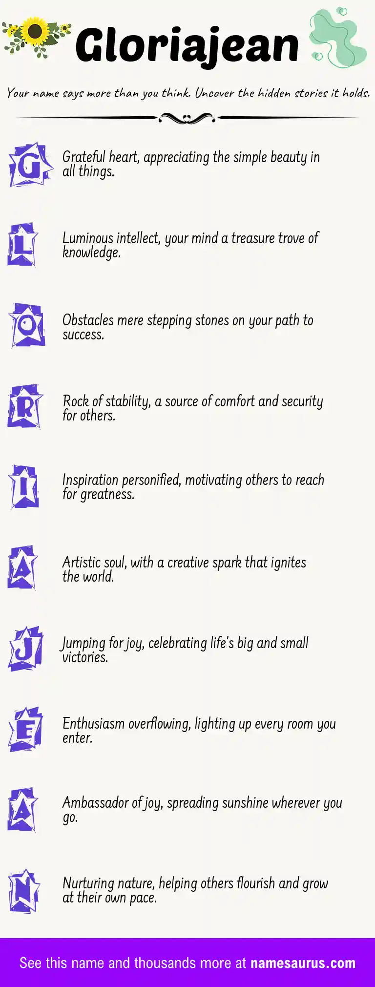 Acrostic poem about Gloriajean.