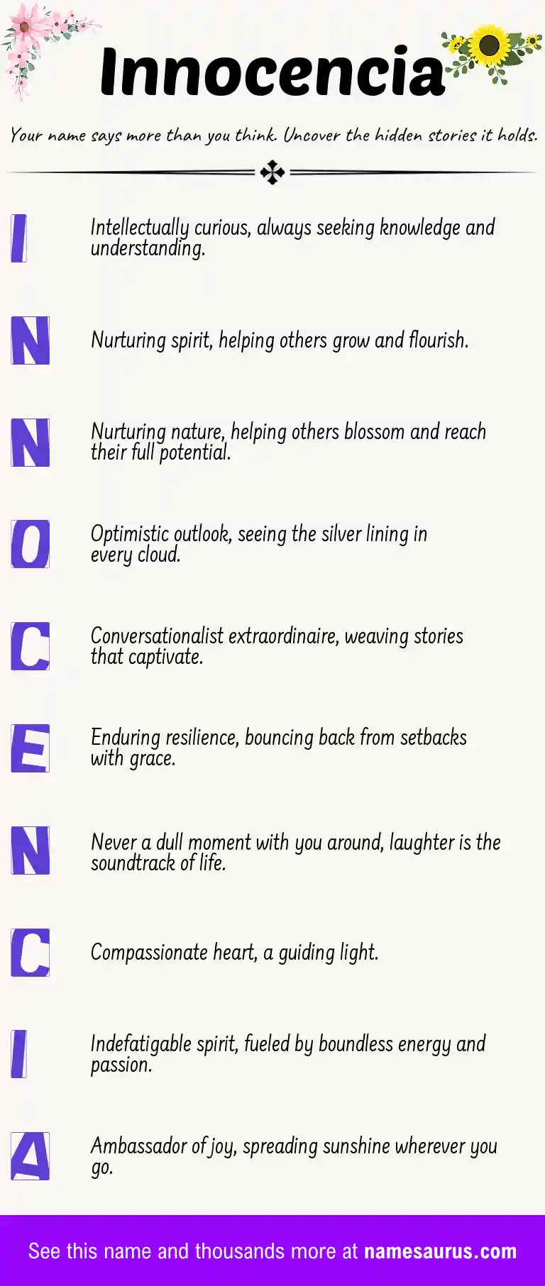 Acrostic poem about Innocencia.