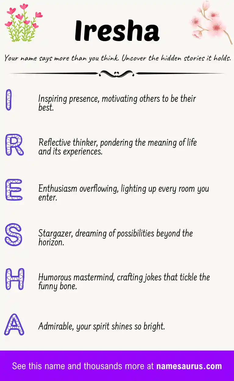 Acrostic poem about Iresha.
