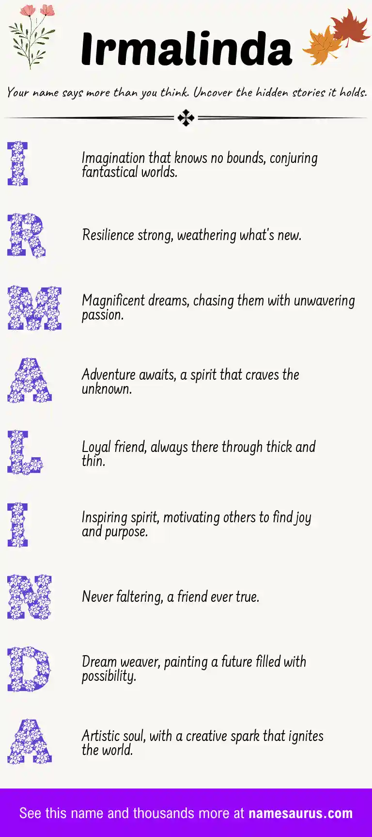 Acrostic poem about Irmalinda.