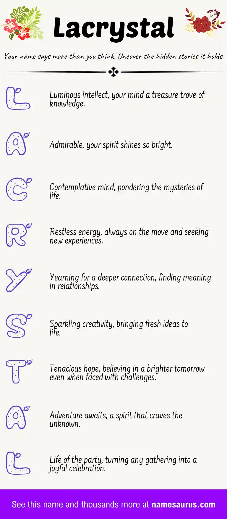 Acrostic poem about Lacrystal.