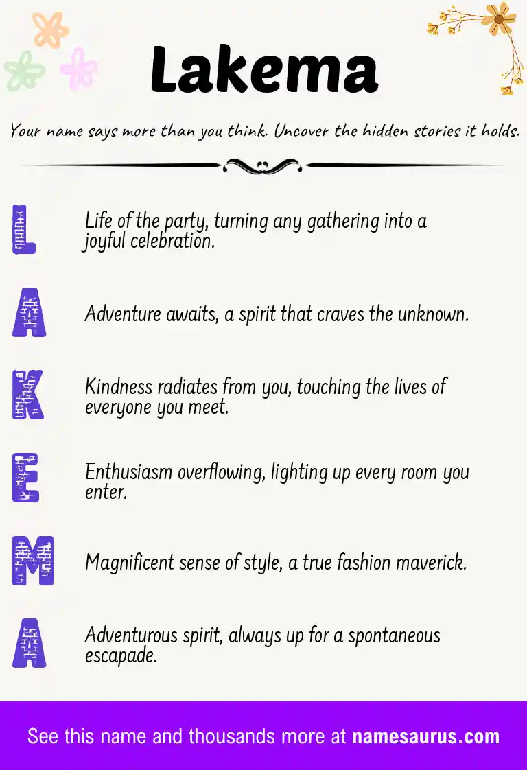 Acrostic poem about Lakema.