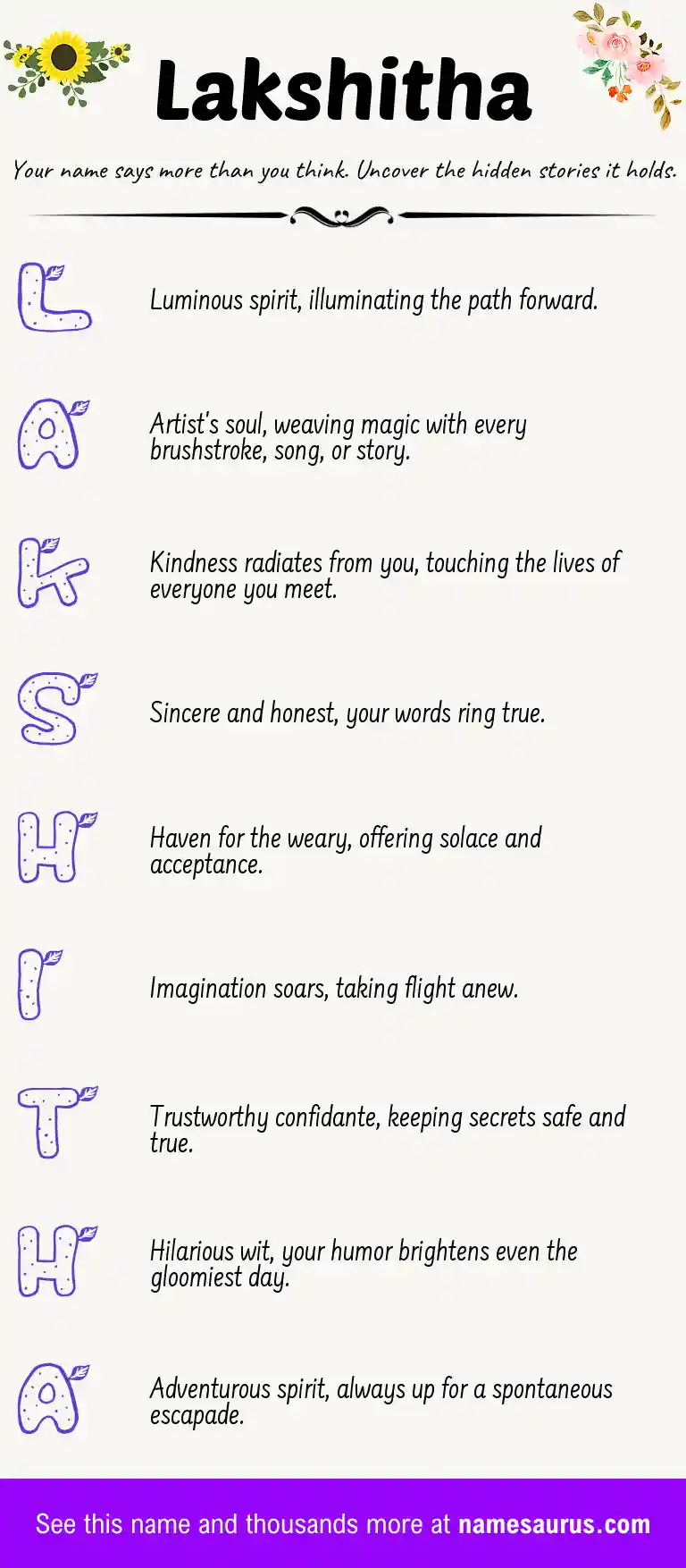 Acrostic poem about Lakshitha.