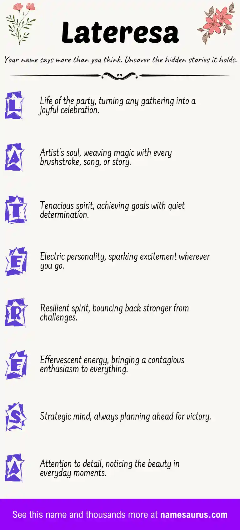 Acrostic poem about Lateresa.