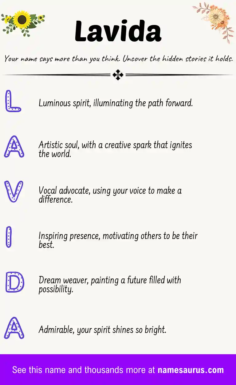 Acrostic poem about Lavida.
