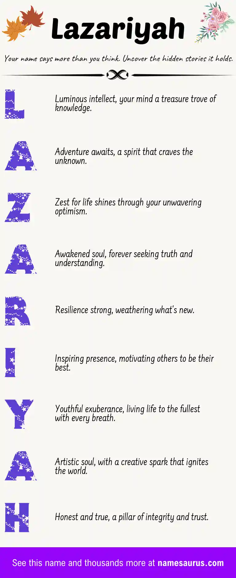 Acrostic poem about Lazariyah.