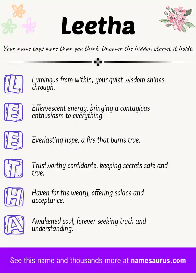 Acrostic poem about Leetha.