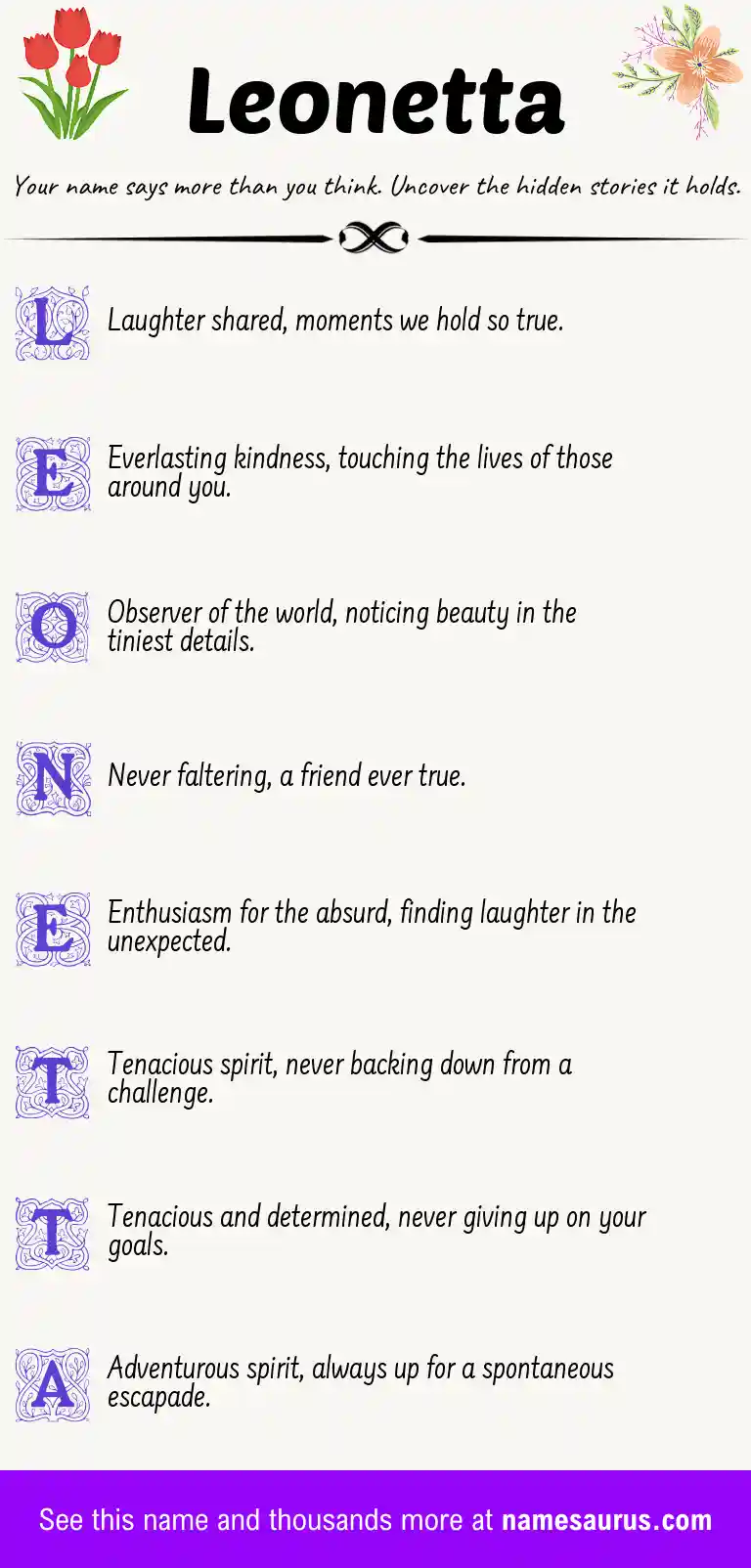 Acrostic poem about Leonetta.