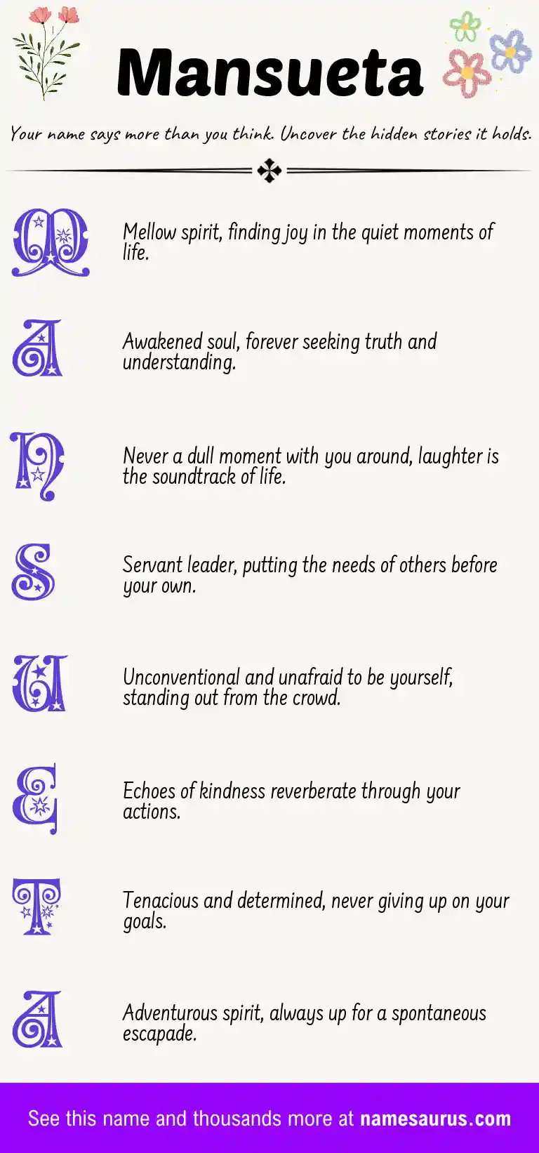 Acrostic poem about Mansueta.