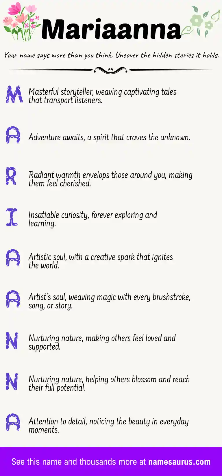 Acrostic poem about Mariaanna.