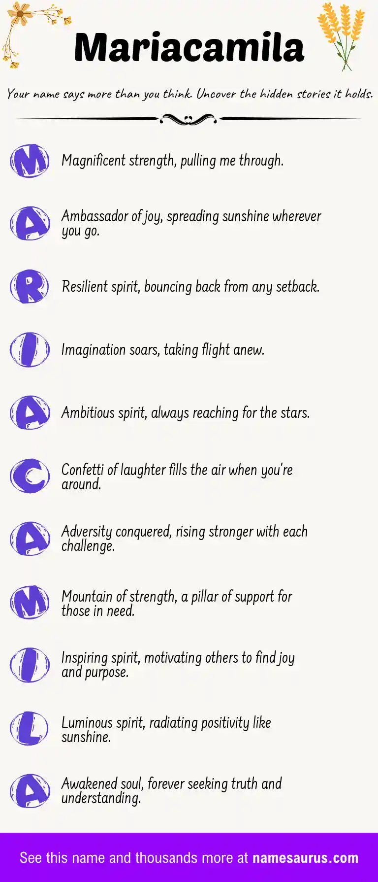 Acrostic poem about Mariacamila.