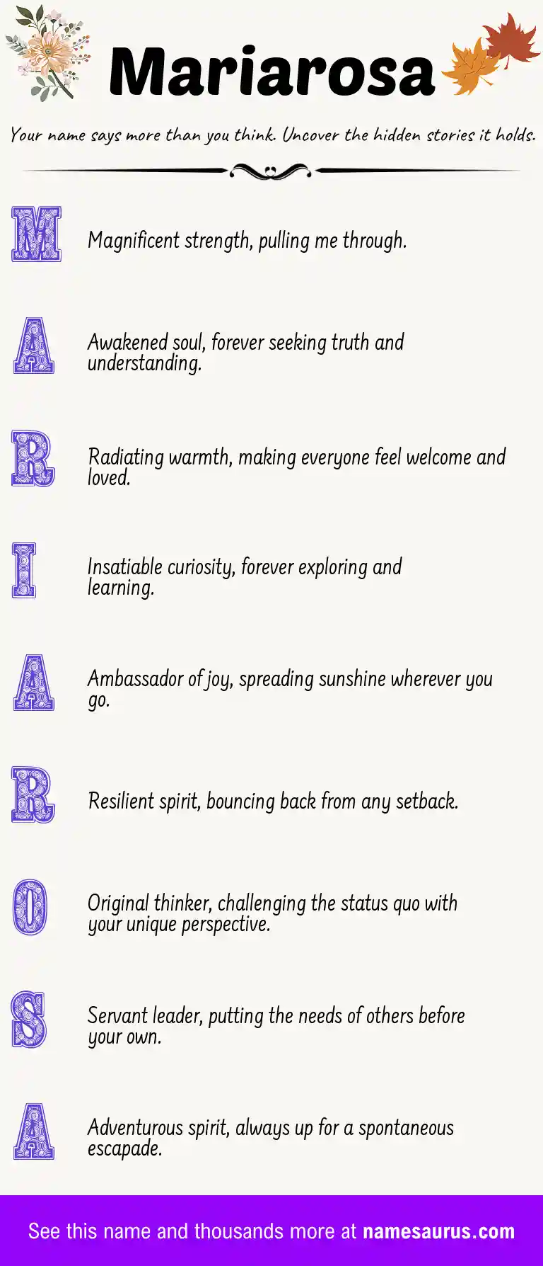 Acrostic poem about Mariarosa.