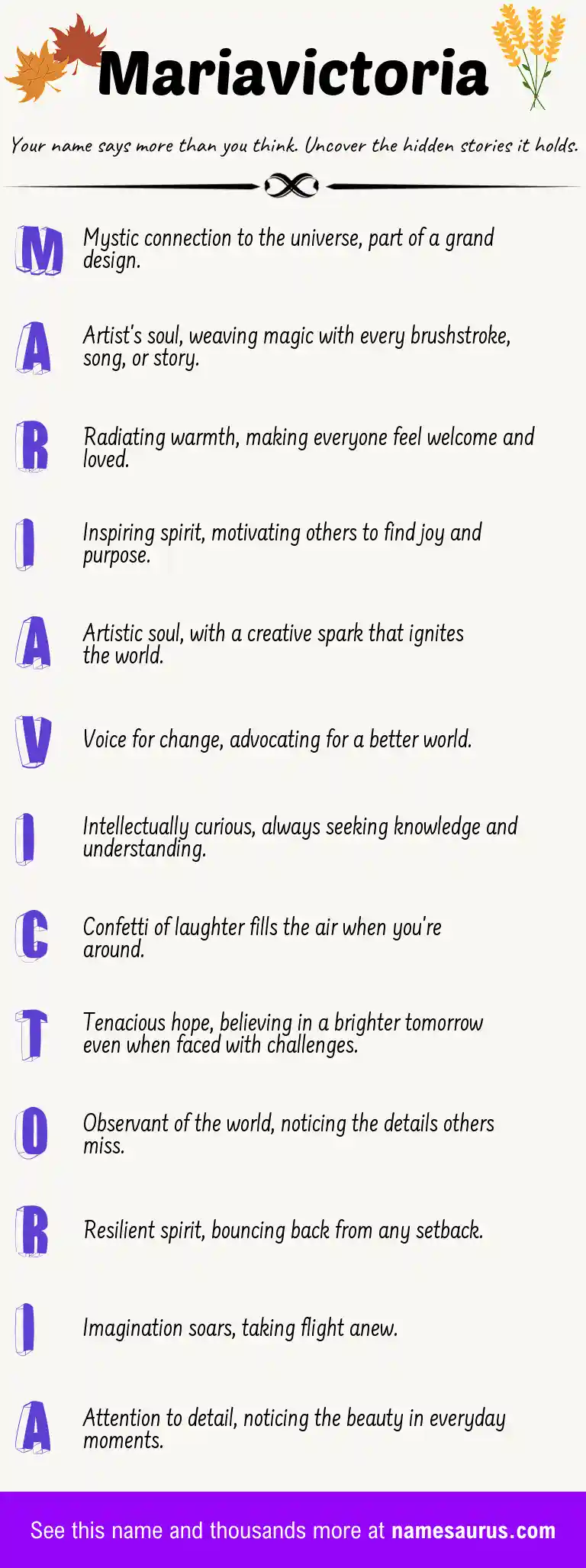 Acrostic poem about Mariavictoria.