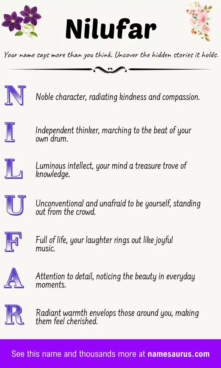 Acrostic poem about Nilufar.