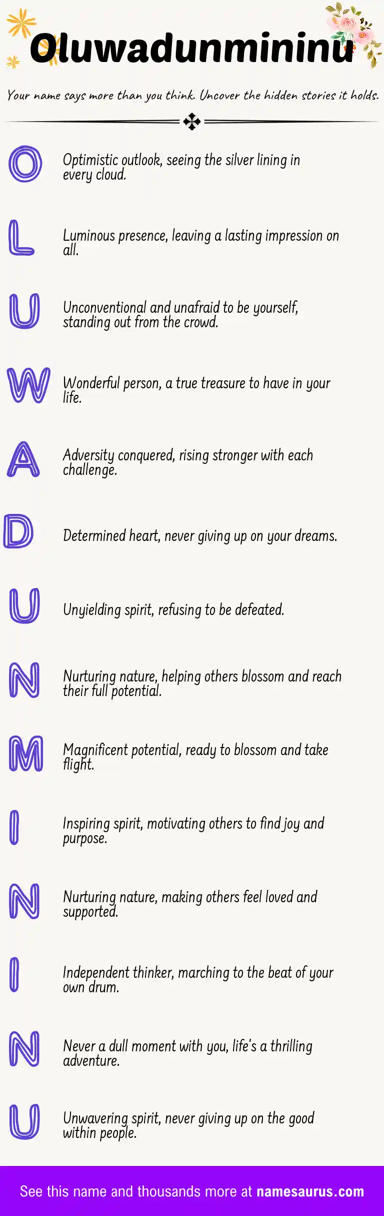 Acrostic poem about Oluwadunmininu.