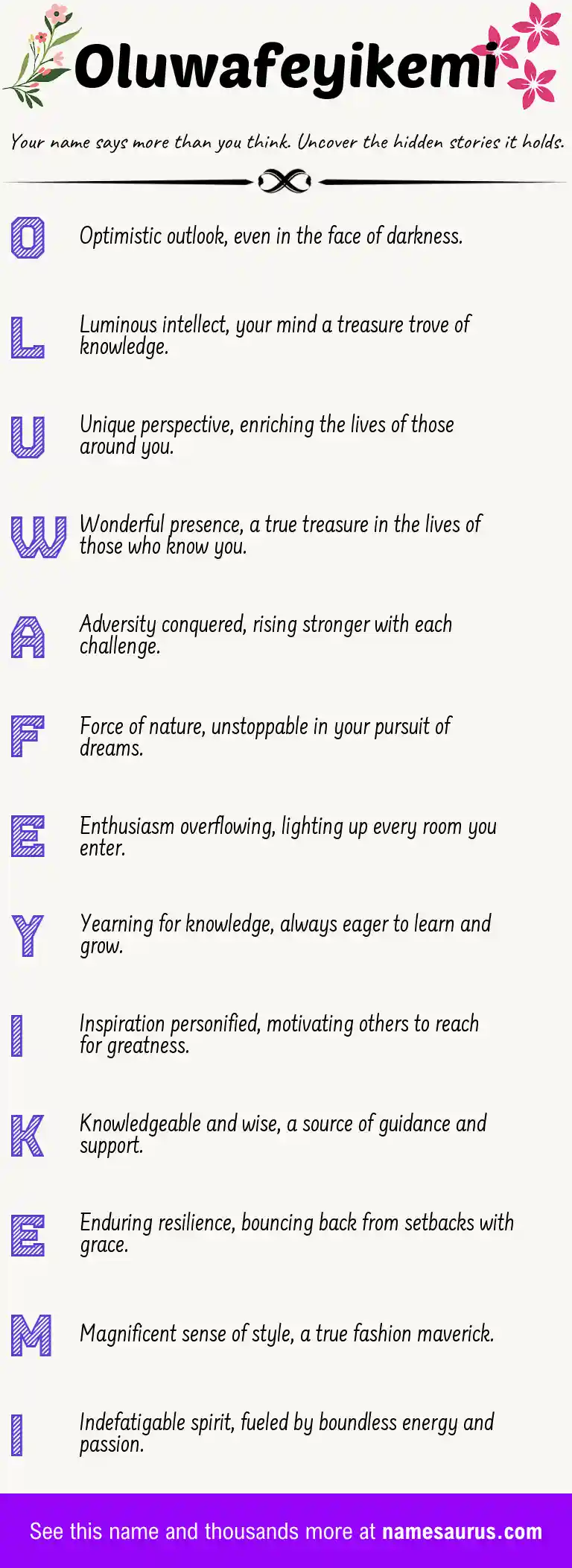 Acrostic poem about Oluwafeyikemi.