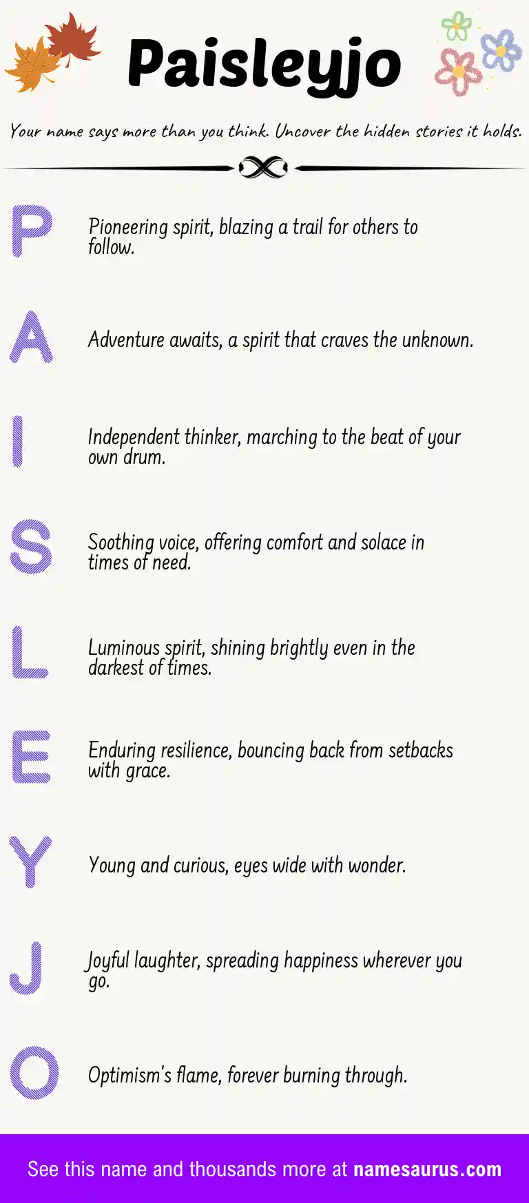 Acrostic poem about Paisleyjo.