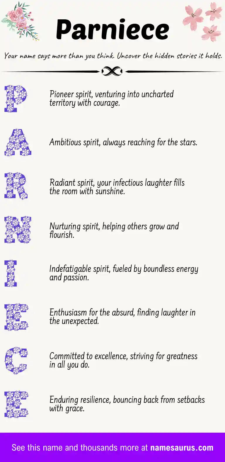 Acrostic poem about Parniece.