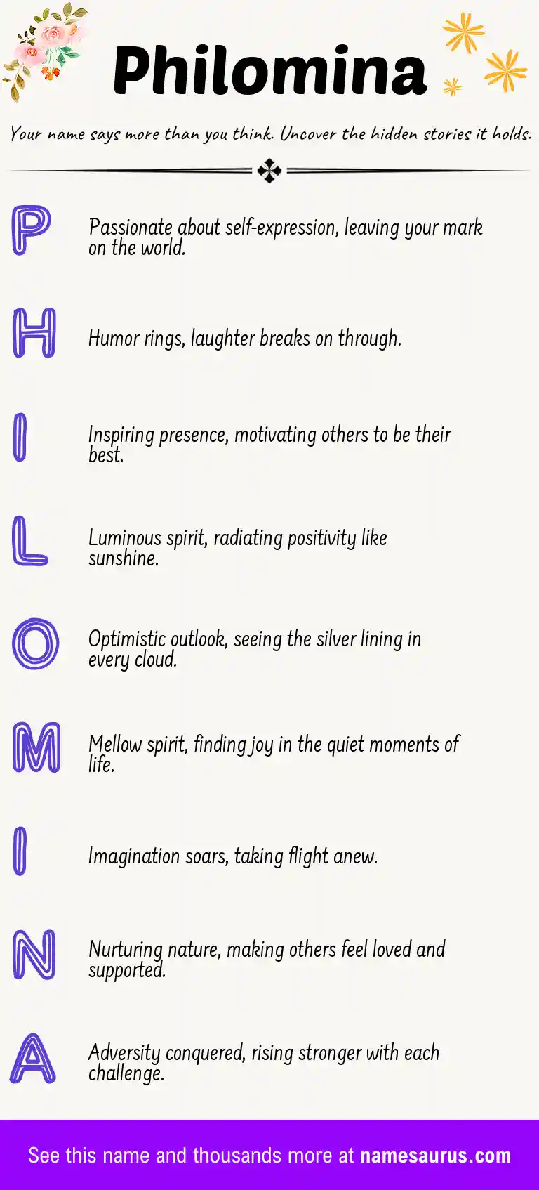 Acrostic poem about Philomina.