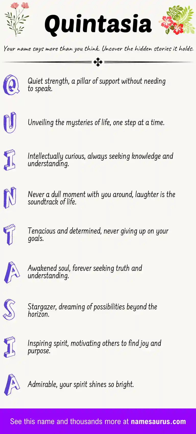 Acrostic poem about Quintasia.