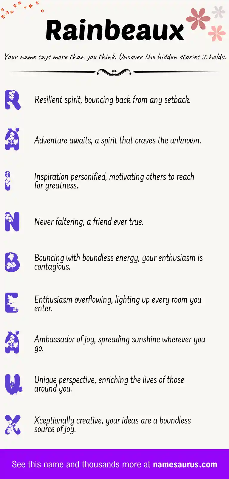 Acrostic poem about Rainbeaux.