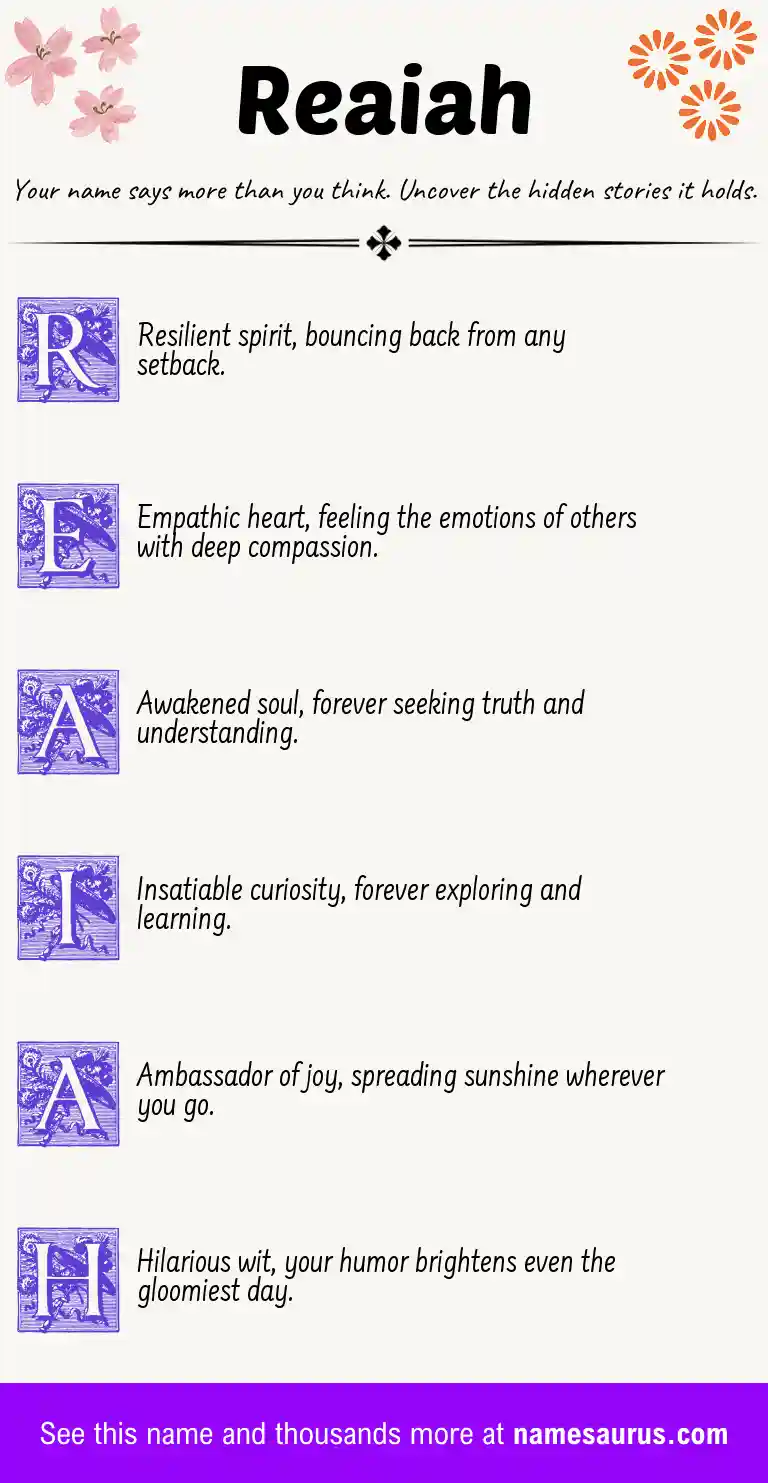 Acrostic poem about Reaiah.