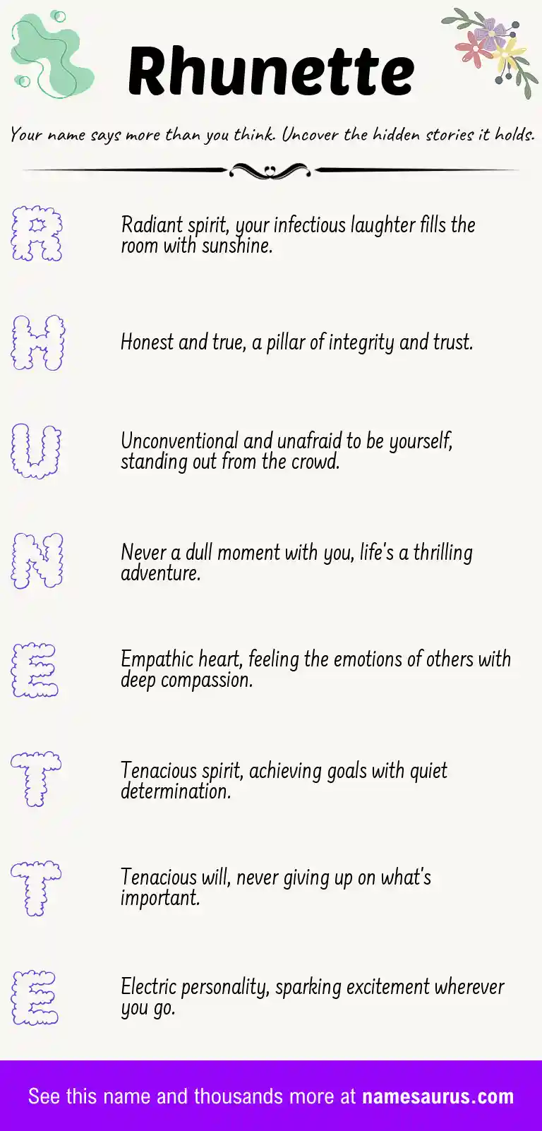 Acrostic poem about Rhunette.
