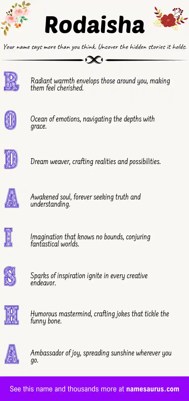 Acrostic poem about Rodaisha.