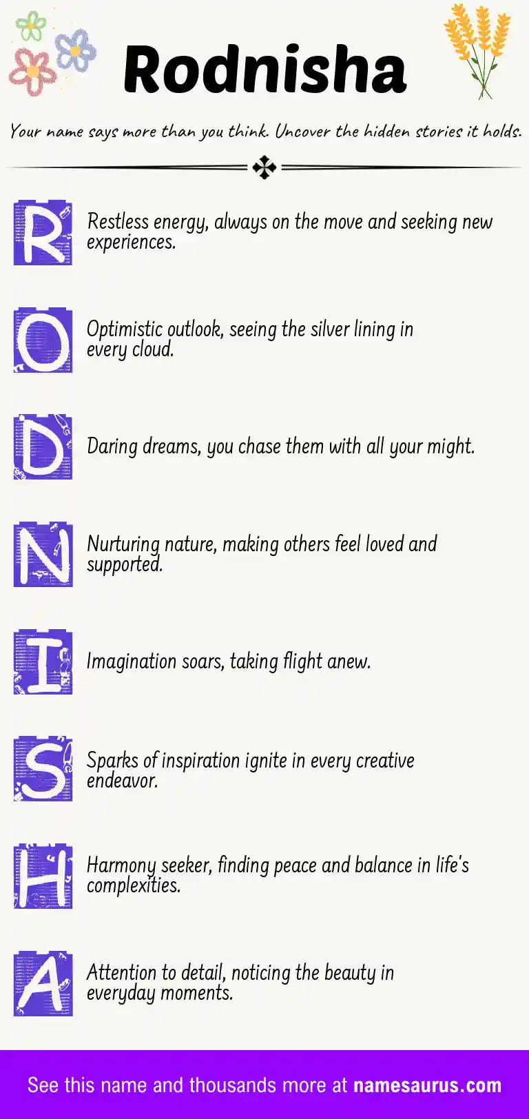 Acrostic poem about Rodnisha.