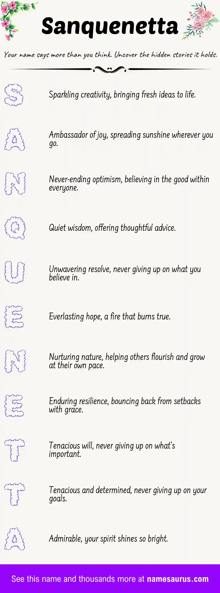 Acrostic poem about Sanquenetta.