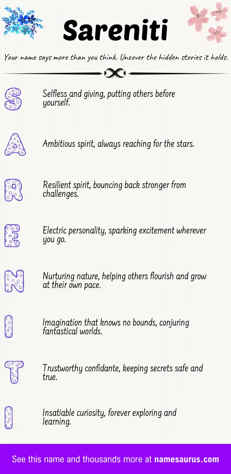 Acrostic poem about Sareniti.