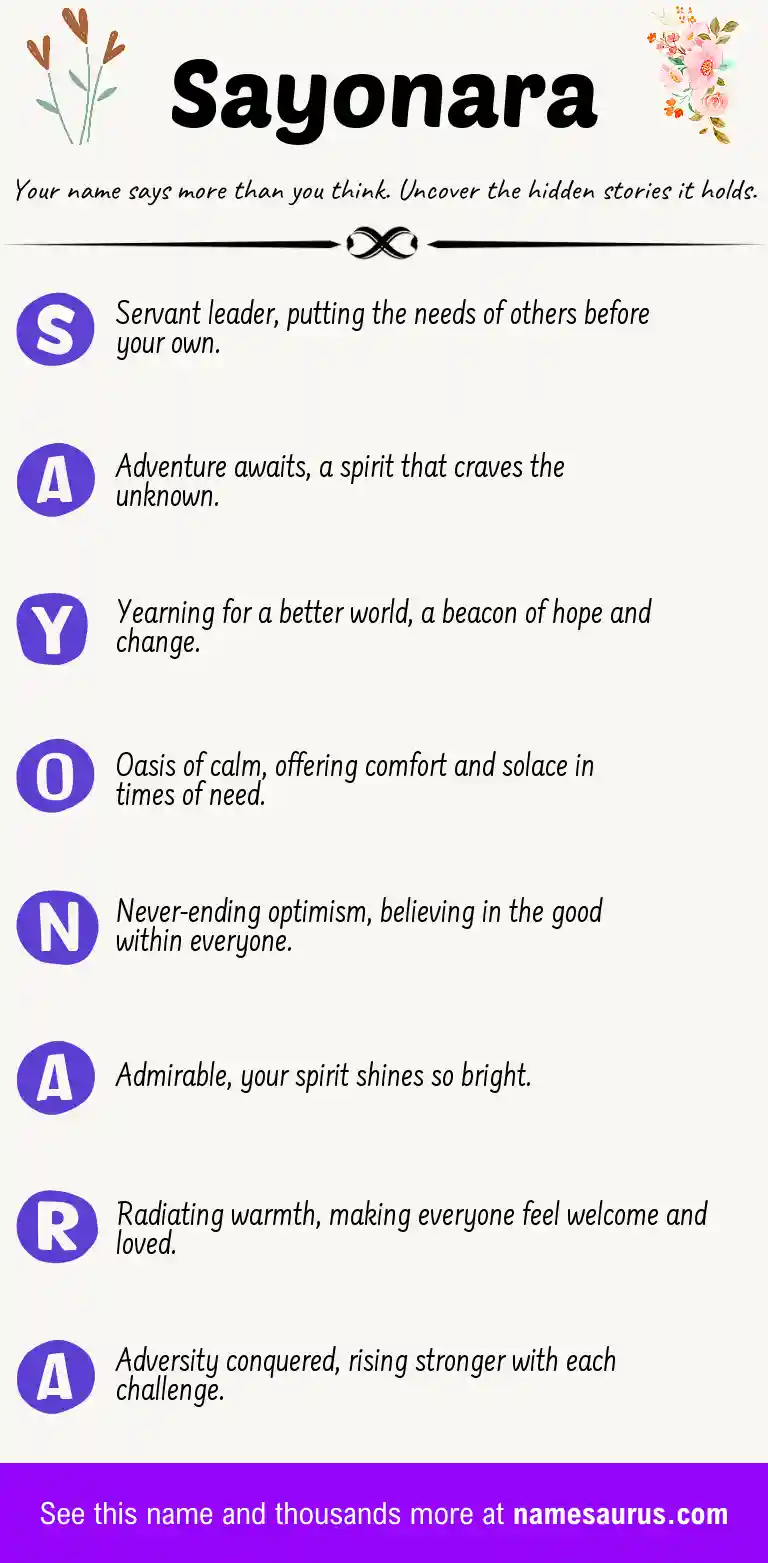 Acrostic poem about Sayonara.