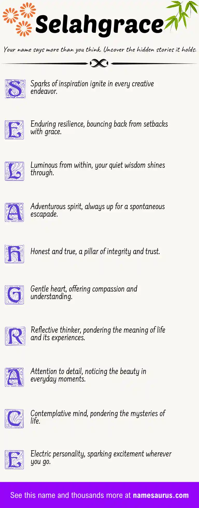 Acrostic poem about Selahgrace.
