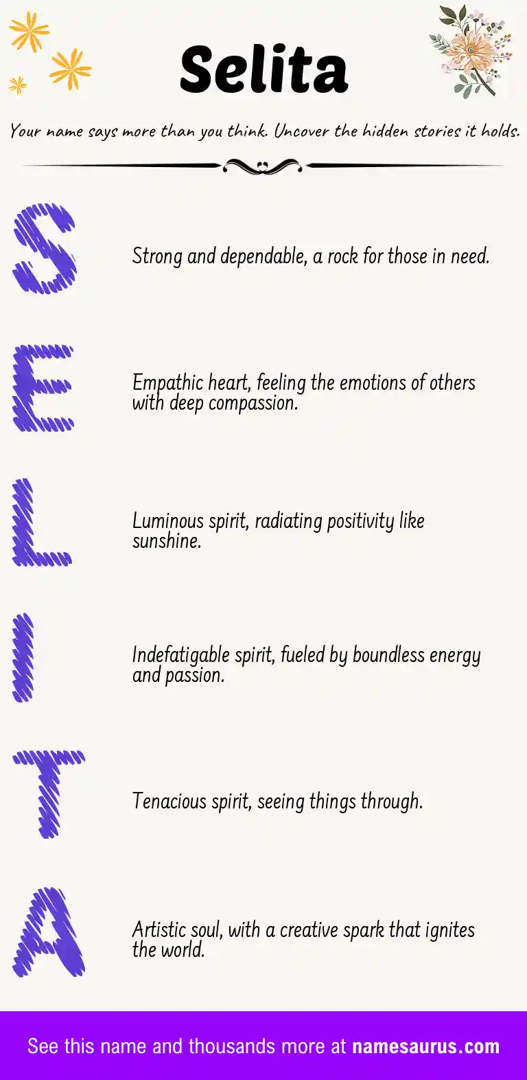 Acrostic poem about Selita.