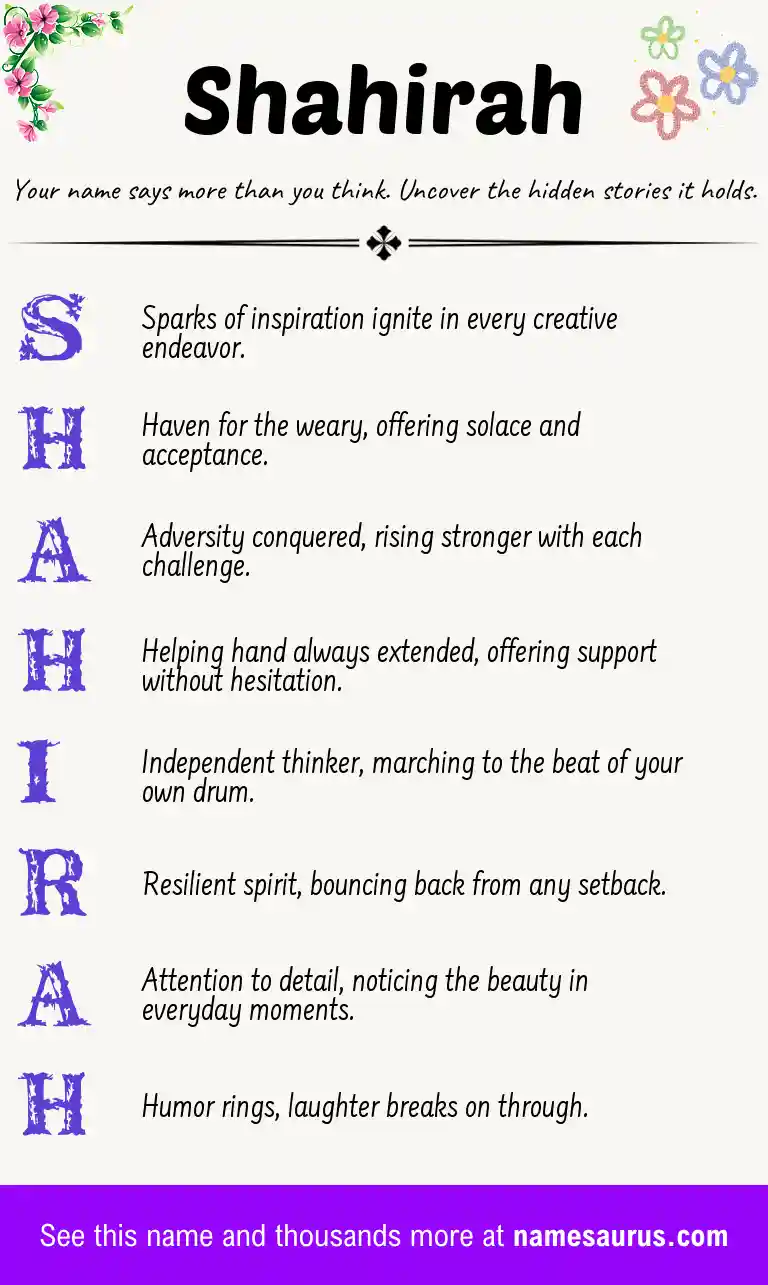 Acrostic poem about Shahirah.