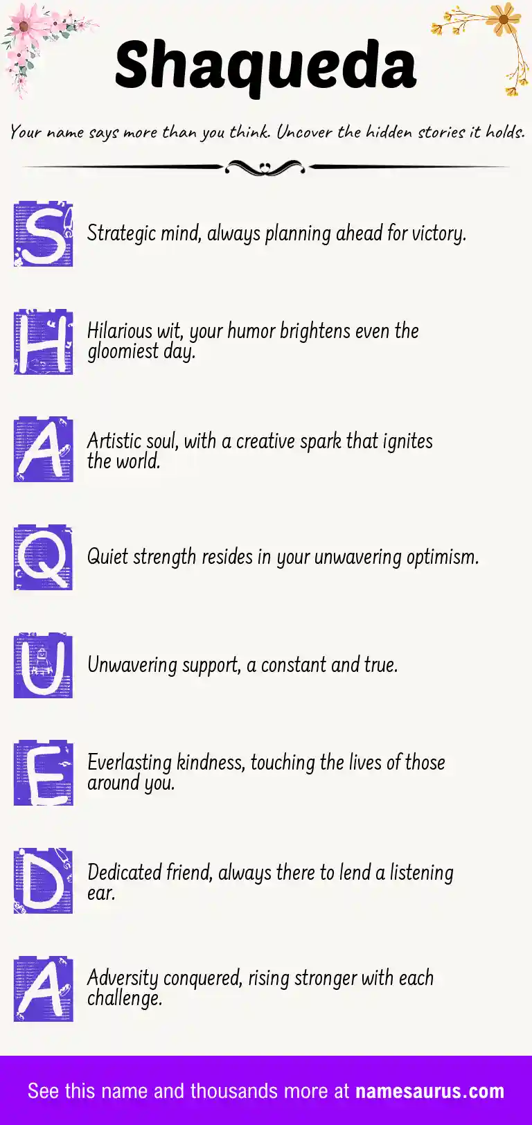 Acrostic poem about Shaqueda.